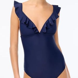 J. Crew Navy Ruffle Shoulder V-Neck One-piece Swimsuit Medium